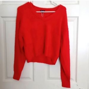 Splendid fuzzy orange crop top v-neck sweater size small with tags